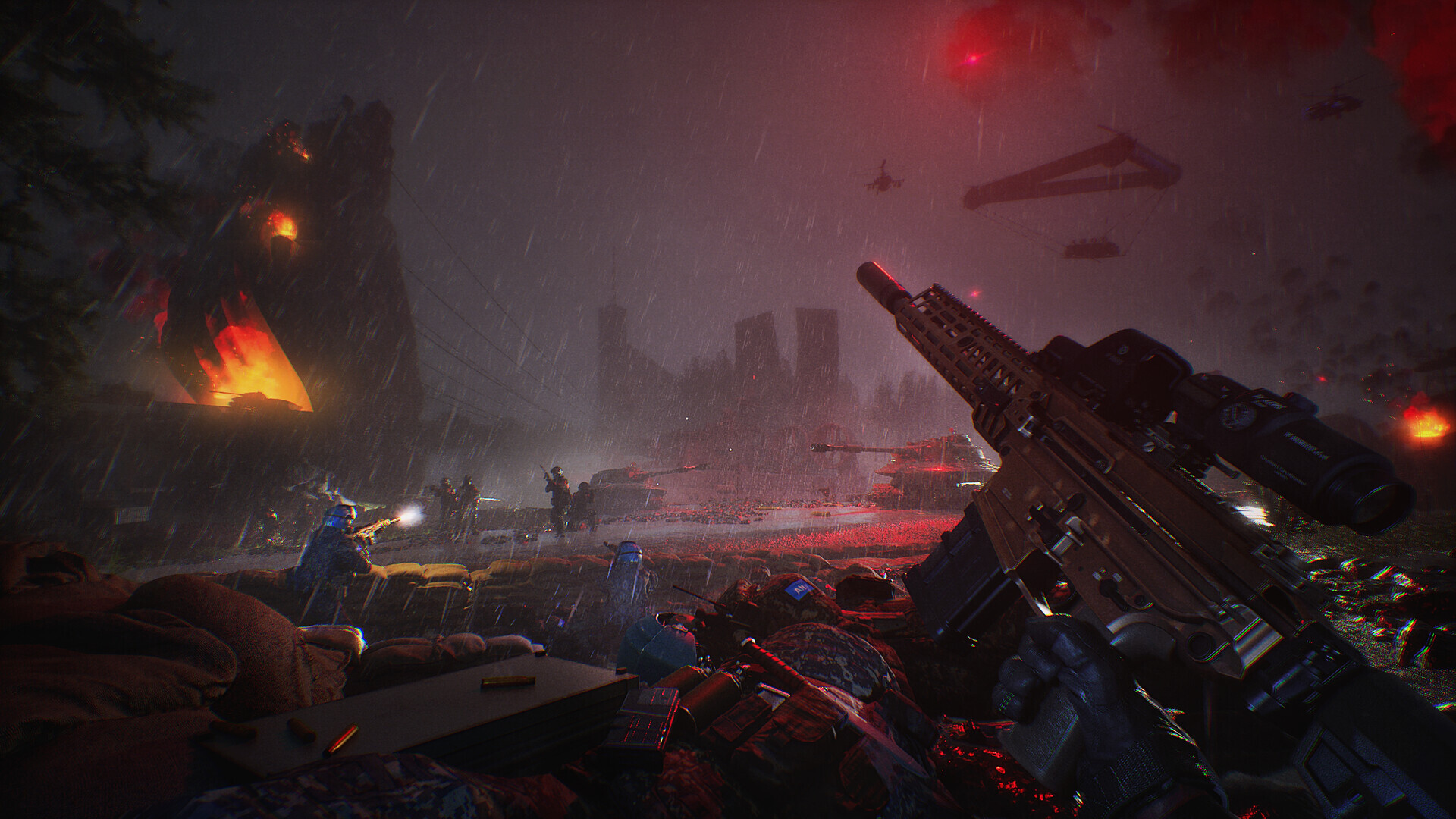 A squad firing through heavy rain at a burning rift glowing orange and red, with a scoped rifle filling the right foreground.