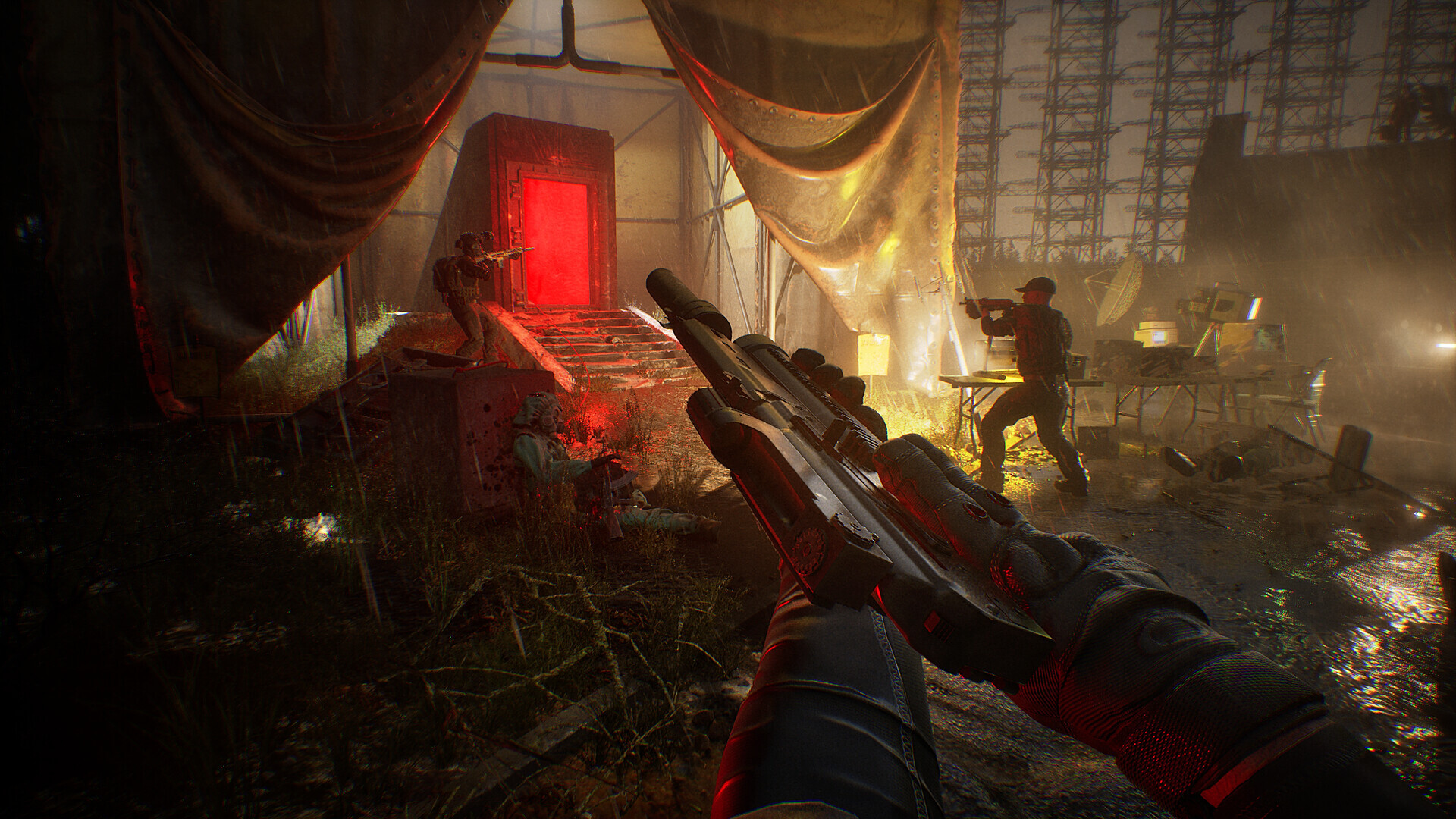 Two Operators holding position around a red-glowing unstable portal inside a makeshift camp.